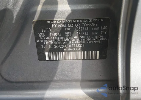 2020 Hyundai Accent Se z USA, uszkodzony, nr VIN 3KPC24A6XLE113323